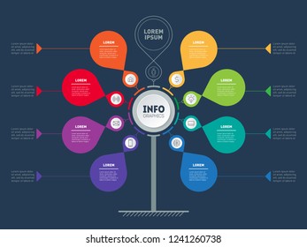 Business presentation concept with 8 or 9 points. Vector infographic of technology or education process with 8 steps on dark background. Web Template of tree, info chart or diagram.
