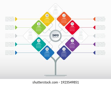 Business presentation concept with 8 active options and 3 inactive. Web Template of info chart or diagram. Vector infographic of technology or education process with eight steps.