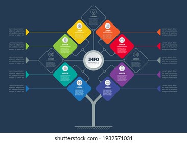 Business presentation concept with 8 active options and 3 inactive. Web Template of diagram on dark background. Vector info chart or infographic of technology or education process with eight steps.