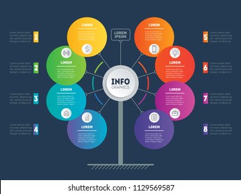 Business presentation concept with 8 options. Template of service tree, info chart or diagram. Vector infographic of technology or education process with 8 steps. Website template.