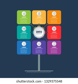 Business presentation concept with 8 options. Web Template of tree, info chart or diagram. Vector infographic of technology or education process with 8 steps. Brochure design template.