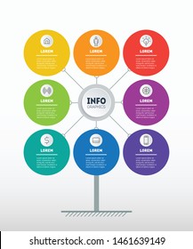 Business presentation concept with 8 options. Brochure design template. Template of tree, chart or diagram. Infographic of technology or education process with Eight steps.