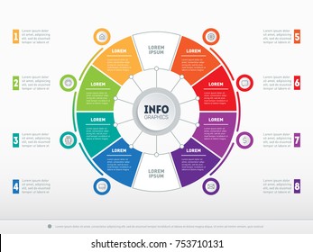 Business presentation concept with 8 options. Part of the report with icons set. Vector infographic of technology or education process with 8 steps. Web Template of a circle info chart or diagram
