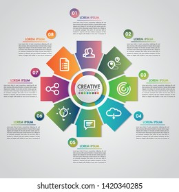 Business presentation concept with 8 steps business and industry gear style infographic template.Part of the report with logo and icons set of a circle infochart, diagram or presentation.