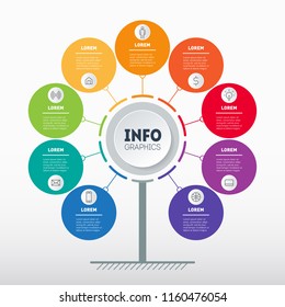 Business presentation concept with 9 options. Web Template of service tree, info chart or diagram with nine process. Vector infographic of technology or education with 9 steps.