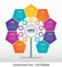 Business presentation concept with 9 options. Web Template of tree, info chart or diagram. Vector infographic of technology or education process with 9 steps. Marketing pipeline.
