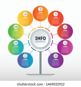Business presentation concept with 9 options. Template of tree, info chart or diagram with nine process. Infographic of technology or education with 9 steps. Vector.