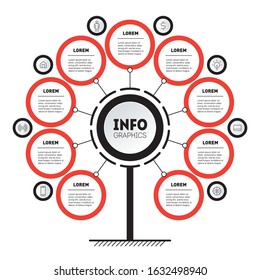 Business presentation concept with 9 options and 8 icons. Mindmap. Template of tree or diagram. Technological or education process with nine steps and eight icons. Infographics.