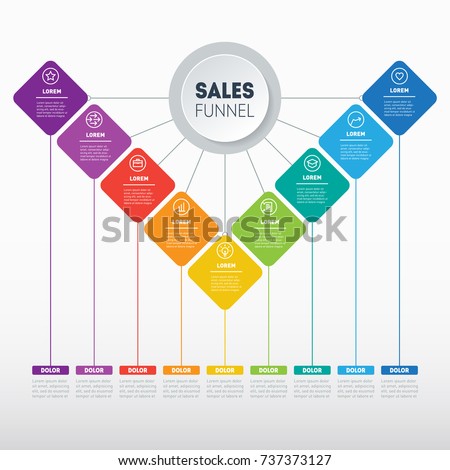 Business presentation concept with 9 options. Vector infographic of technology or education process with 9 steps. Template of a sales pipeline, purchase funnel, sales funnel, info chart or diagram.