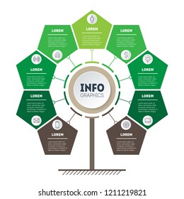 Business presentation concept with 9 points, parts, steps or processes. Vertical Timeline info graphics. Tree of development and growth of the eco business. Infographic of tendencies and trends.