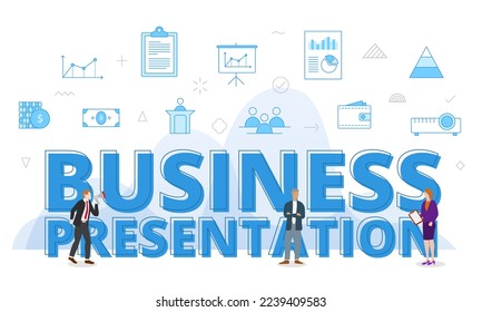 business presentation concept with big words and people surrounded by related icon spreading with modern blue color style