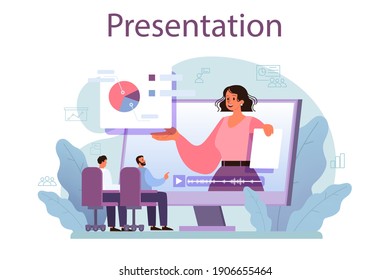 Business presentation concept. Businesspeople in front of group of co-worker. Presenting business plan or report on a seminar. Pointing at the graph. Flat vector illustration
