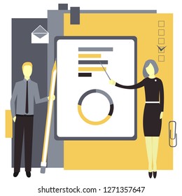  Business presentation concept . Businesswoman  shows graphics.Business man with a pencil. Vector illustration