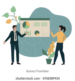 Business presentation concept with characters. Presentation of the project. Business man giving business presentation. Modern vector illustration.