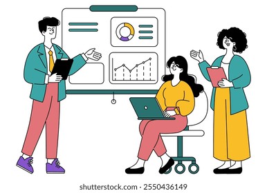 Business presentation concept. Colleagues collaborating on financial data with charts, fostering a team meeting dynamic. Vector illustration.