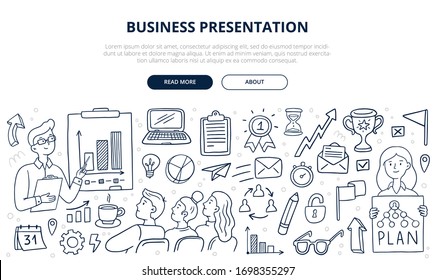 Business presentation concept with cute icons and people. Vector Illustration in doodle style can be used in education, bank, It, SaaS, finance, marketing and other business areas.