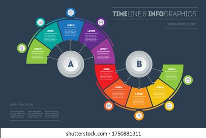 Business presentation concept. Diagram of technology or education process with ten steps. Infographic consisting of 10 parts divided into 2 segments (A and B) of 5 parts. Vector illustration.