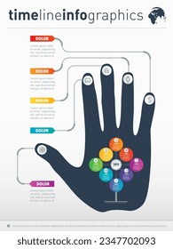 Business presentation concept with eight options and icons. Infographic of technology or education process. Part of the report with human hand and icons set.