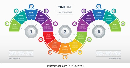 Business presentation concept with fifteen steps. Infographic consisting of 15 parts divided into 3 segments of 5 parts. Diagram of technological or education process. Vector illustration.