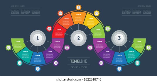 Business presentation concept with fifteen steps. Diagram of technology or education process with options. Infographic consisting of 15 parts divided into 3 segments of 5 parts.