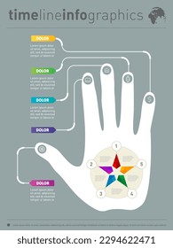 Concepto de presentación de negocios con cinco opciones. Reportar con la mano humana y el conjunto de iconos. Infografía vectorial de tecnología o proceso educativo.