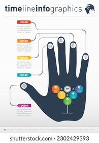 Business-Präsentation Konzept mit fünf Optionen. Infografik von Technologie oder Bildungsprozess. Vorlage eines Diagramms. Teil des Berichts mit menschlicher Hand und Symbolen gesetzt.