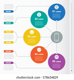 Business presentation concept with five options. Web Template of a info chart, diagram. Vector infographic of technology or education process. Part of the report with icons set.