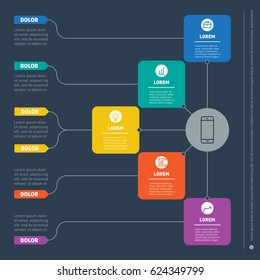 Business presentation concept with five options. Web Template of a info chart or diagram. Vector infographic of technology or education process on dark background.