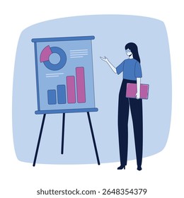 Business presentation concept illustration. Businesswoman presents a business development strategy