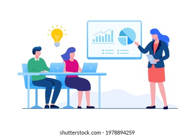 Business presentation concept illustration. Teamwork brainstorming flat vector template
