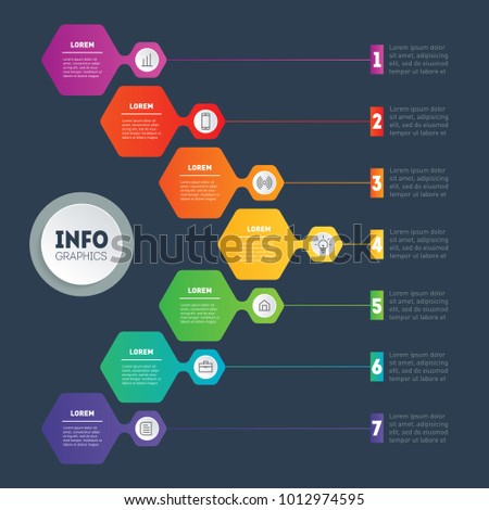 Business presentation concept or infographics with 7 options. Annual report. Sales pipeline, purchase funnel, info chart or diagram. Vector infographic of technology or education process with 7 steps