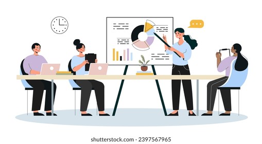 Business presentation concept. Insight and brainstorming. orkers work at common project. Team of analysts conduct marketing research. Cartoon flat vector illustration isolated on white background