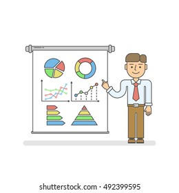 Business presentation concept. Isolated cartoon man with chart board on white background. Smiling businessman pointing at board. Idea of analyst, speaker or lecturer.
