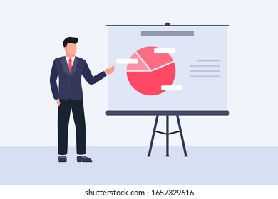 business presentation concept with man give presentation with data graph analysis on white board