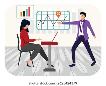 Business Presentation concept. Professionals collaborating in a modern office environment with business charts and a presentation focus.