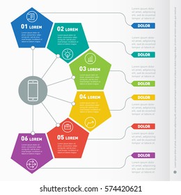 Business presentation concept with six options. Web Template of a info chart or diagram. Part of the report with icons set. Vector infographic of technology or education process.