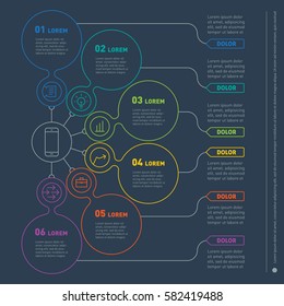 Business presentation concept with six options. Vector infographic template of technology or education process. Web Template of a info chart or diagram. Part of the report with icons set