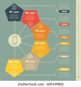 Business presentation concept with six options. Web Template of mindmap, info chart or diagram. Part of the report with icons set. Vector infographic of technology or education process.