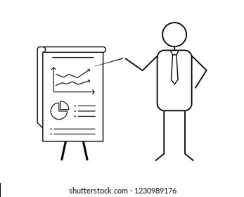 Business presentation concept. Stick figure businessman shows business data graphics on flip chart. Business data accounting, analysis, report presentation. Flat line business presentation.