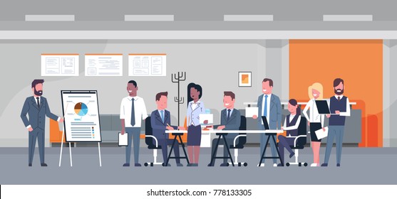 Business Presentation Concept Team Brainstorming Group Of Businesspeople Professionals Meeting Discussing Report In Modern Office Flat Vector Illustration