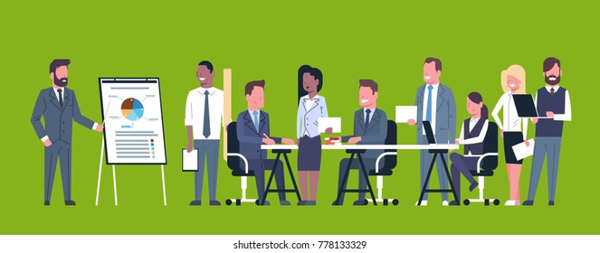 Business Presentation Concept Team Brainstorming Group Of Businesspeople Professionals Meeting Discussing Report Or Market Data Flat Vector Illustration
