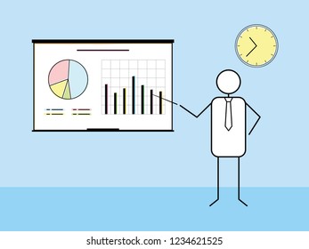 Business presentation concept vector illustration. Stick figure businessman shows data graphs with business concept. Business data accounting, analysis, report presentation.