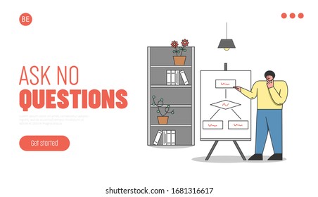 Business Presentation Concept. Website Landing Page. Businessman Or Manager Make A Business Presentation. Character Is Building A Diagram. Web Page Cartoon Linear Outline Flat Vector Illustration