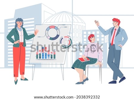 Business Presentation or conference with  analysts collect and analyse data, searching business solution. Development strategy, analysis of sales, statistic,  flat cartoon vector isolated on white.