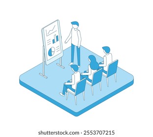 Business presentation or conference outline illustration. Successful businessman performs on rostrum in front of an audience. Financial charts and reports on board. Business training isometry.