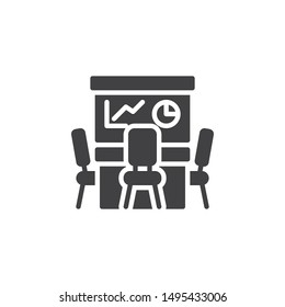 Business presentation in conference room vector icon. filled flat sign for mobile concept and web design. Office room with table and presentation screen glyph icon. Symbol, logo illustration