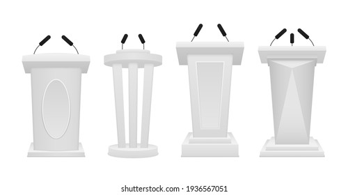 Business Presentation Or Conference Speech Realistic 3d Stands. The Artistic Design Of The Tribune Stands. Creative Of A Podium Tribune With Microphones On A White Background. Vector Illustration. 