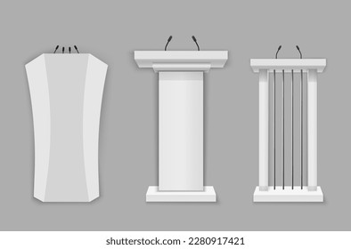 Business presentation or conference speech realistic 3d stands. White podium, tribune with microphones. Creative vector illustration of a podium tribune with microphones on a transparent background. 