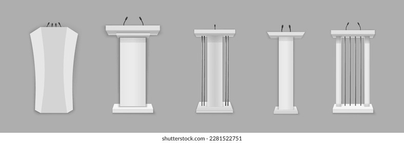 Presentación de negocios o discurso de conferencia tridimensional realista. Podio blanco, tribuna con micrófonos. Ilustración vectorial creativa de una tribuna de podio con micrófonos en un fondo transparente. 