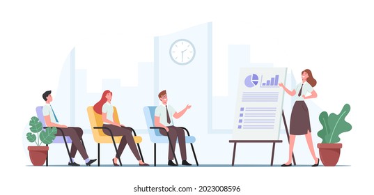 Business Presentation, Consulting. Company Leader or Coach Character Pointing on Charts and Graphs Speaking to Employees Audience Explaining Company Strategy. Cartoon People Vector Illustration